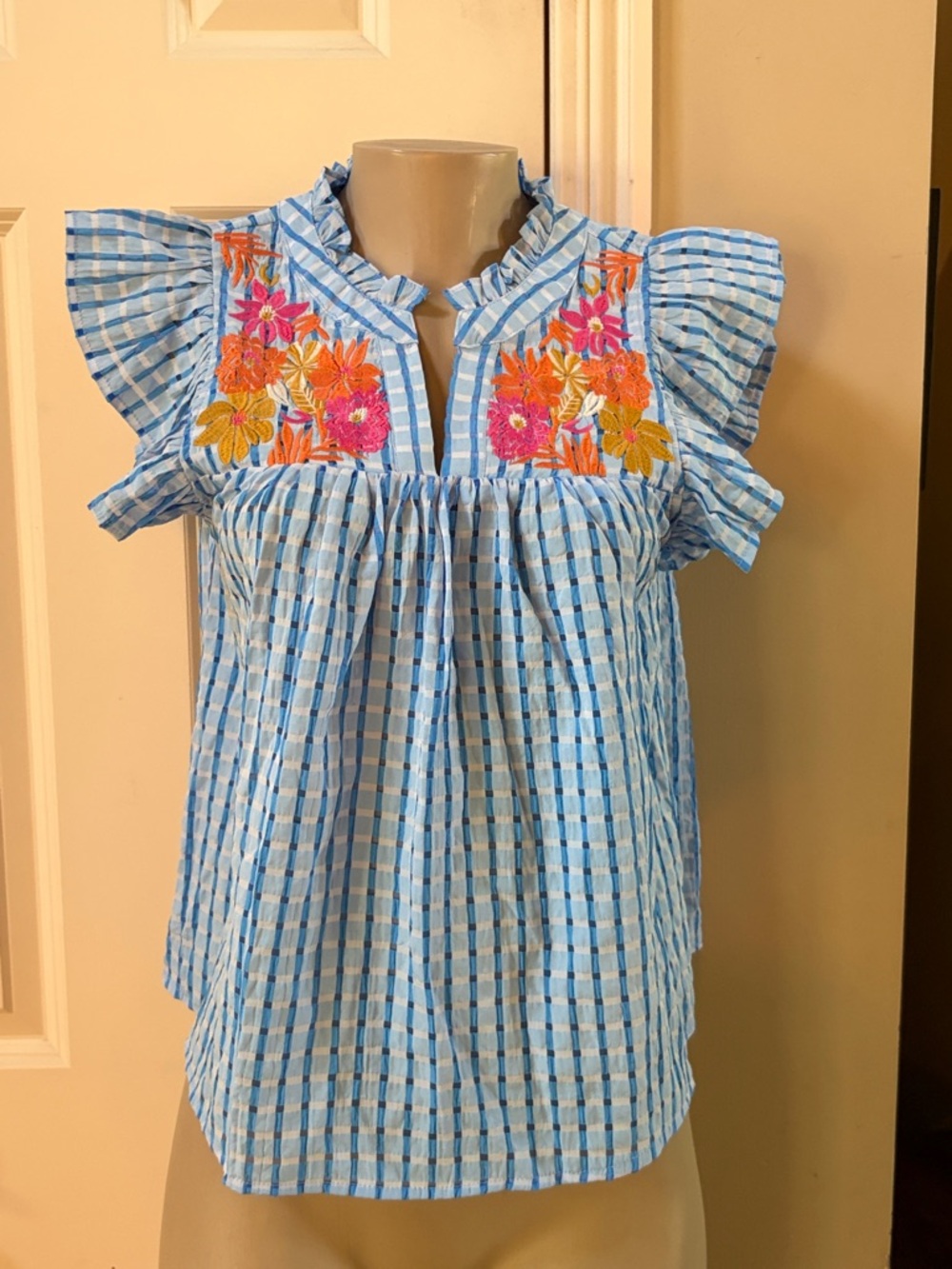 THML Light Blue Checked Flutter Sleeve Top with Bright Floral Embroidery, med